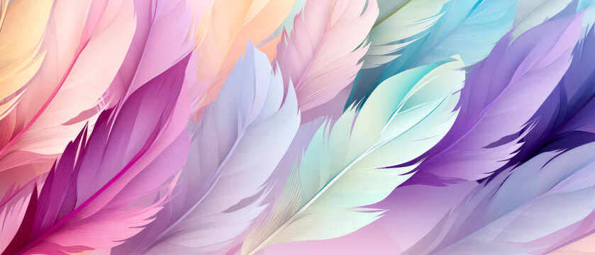 Colorful feathers background. Pastel feather texture. Generative AI