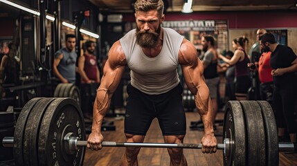 Muscular man doing barbell lift in the gym. - obrazy, fototapety, plakaty