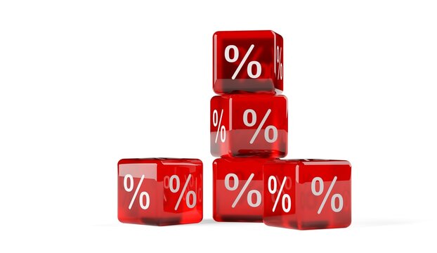 Stacked transparent red cubes or dice with percent sign symbol on white background, sale, discount or sales price reduction concept