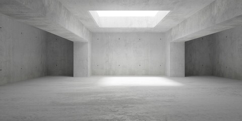 Abstract empty, modern concrete room with ceiling opening, beams and pillars and rough floor - industrial interior background template