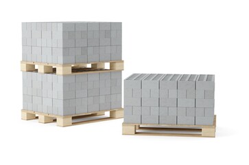 Multiple pallets of cement or concrete brick stones stacked on white background, construction, building trade or masonry industry concept object