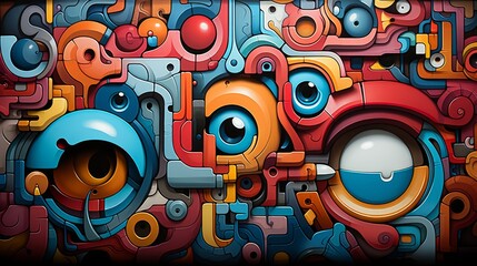 A vibrant and whimsical painting that combines elements of cartoon, graffiti, and modern art to create a psychedelic display of colorful eyes and circles