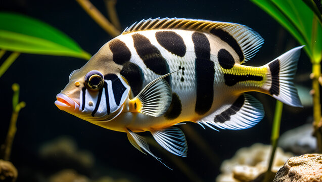 fish in aquarium, SIAMESE TIGER FISH stock photo, A group of fish with black stripes and yellow stripes, Generative AI