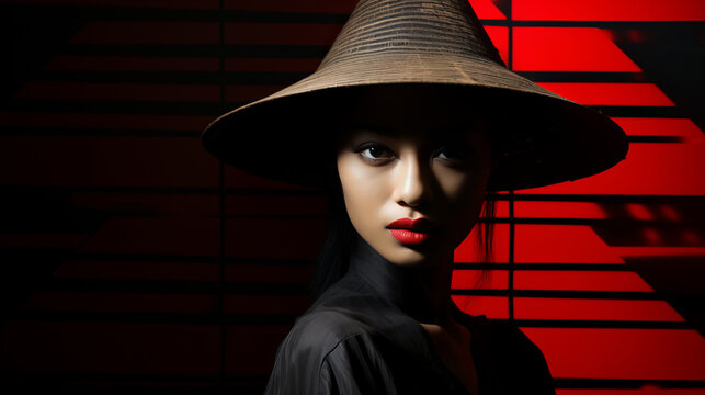 A fashionable woman exudes confidence and elegance as she dons a red fedora, completing her chic indoor look with a stylish sun hat as her headdress