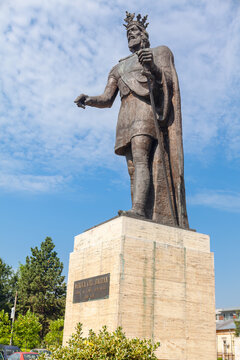 Monument of Mircea cel Batran in Pitesti Romania . Sculpture of  Voivode of Wallachia