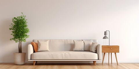 Modern style living room with fabric sofa, side table, and empty white wall on wood floor.