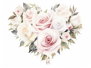 Watercolor Valentine's heart made of white roses