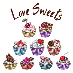 set of candy and dessert elements for Valentine's Day cake, digital printing, t-shirt designs, stickers, bag patterns and more.