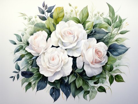 Watercolor Valentine's heart made of white roses