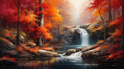 A hidden oasis in an autumn forest, featuring a stunning waterfall embraced by foliage in various shades of red and yellow, painting a vivid portrait of nature's artistry.