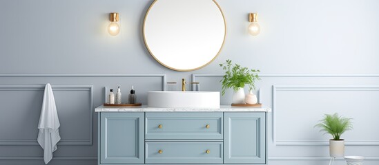 Blue vanity cabinet, marble countertop, gold faucet, light fixture, circular mirror in the bathroom.