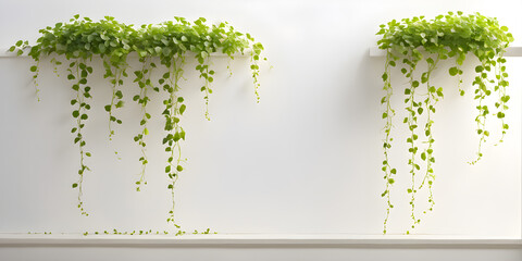 Plants growing on white shelves, hanging plants, white background. Generative Ai