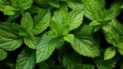 close up view of fresh green peppermint herbal mint leaves plant created with Generative AI Technology - obrazy, fototapety, plakaty