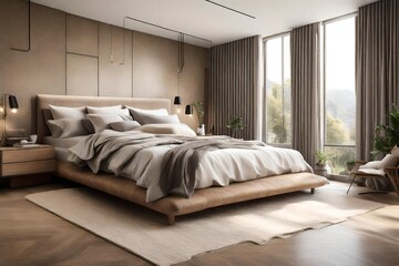 A bedroom in a contemporary house with a blend of neutral tones, plush bedding, and large windows that allow natural light to fill the space, creating a serene and cozy atmosphere