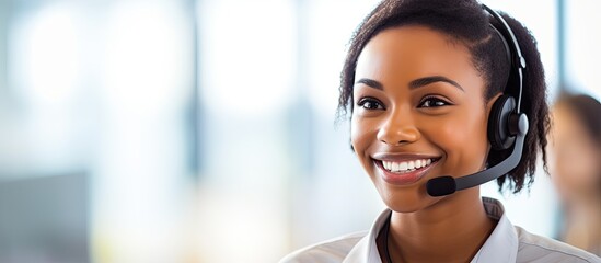 Black woman customer service consultant, smiling headset user in call center and contact us via CRM for telemarketing sales and help desk support.