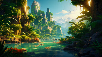Jungle summer background generated by AI - obrazy, fototapety, plakaty