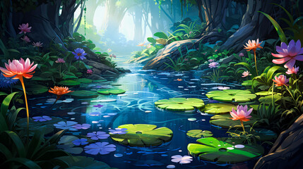 river background with lotus generated with AI