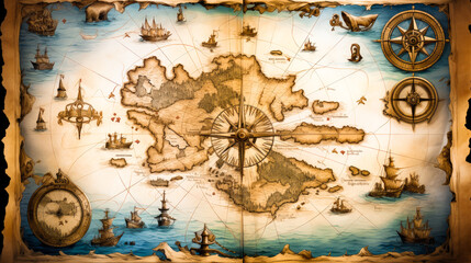 Fototapeta na wymiar old pirate map with compass generated with AI