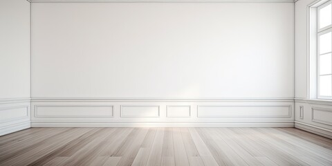 White empty room with dark laminate floor, classic architectural style.