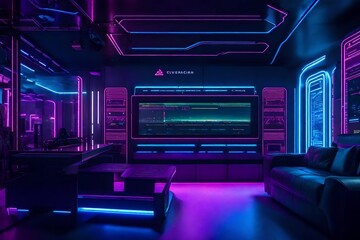 A sci-fi-themed gaming room with neon accents, futuristic furniture, and immersive wall murals.