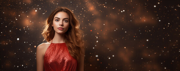 Beautiful young woman in golden shine dress with glitter background christmas festive celebrity