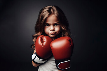 angry kid girl wearing red boxing gloves, confident smiling expression ready for fight. ai generative - obrazy, fototapety, plakaty