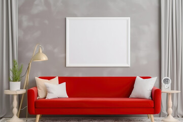 Poster frame mockup interior design in white soft colors, red sofa. AI generated.