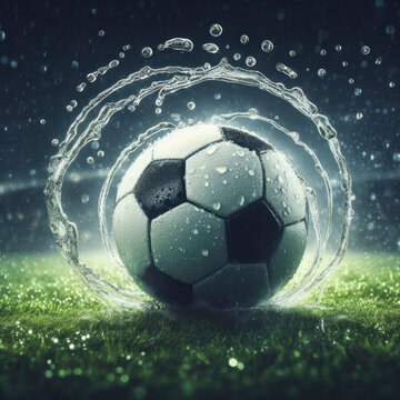 Water drops around soccer ball on grass field background. ai generative