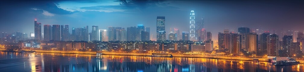 Fototapeta na wymiar Cityscape at night. Stunning photograph captures futuristic and luxurious essence architecture. City modern skyline adorned with skyscrapers and towers reflects against calm waters of bay
