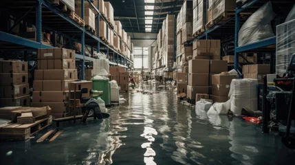 Foto op Canvas Flooded distribution warehouse with cardboard boxes on the racks  © Fly Frames