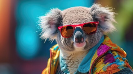 Fluffy koala in sunglasses and colorful shirt 