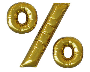 Golden mylar foil balloon of symbol %, isolated on transparent background, big size image, high resolution, 3d render 
