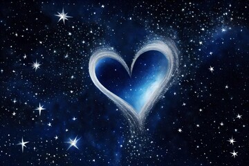 A celestial setting with stars arranged in the shape of a heart, painting the night sky in shades of deep blue and shimmering silver. 