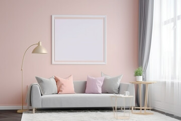 Poster frame mockup interior design in pink soft colors, gray sofa. AI generated.