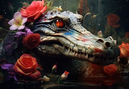  a close up of a dragon with flowers on it's head and a body of water in front of it.