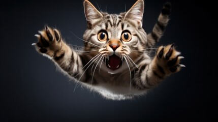  Hilarious Image of a Grey Cat in Mid-Air, Playfully Defying Gravity Against a Matching Grey Background.