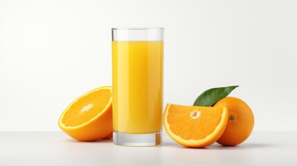 Refreshing Orange Juice in a Crystal-Clear Glass, Accented by a Vibrant Orange Slice, All Against a Clean White Background.