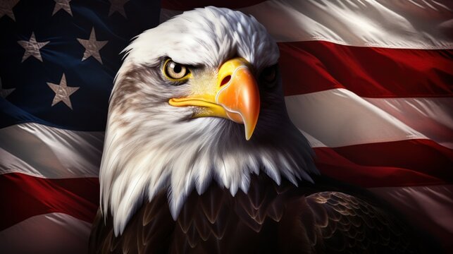 Majestic Eagle Stands Proudly Before the American Flag, Capturing the Essence of Freedom and Strength.