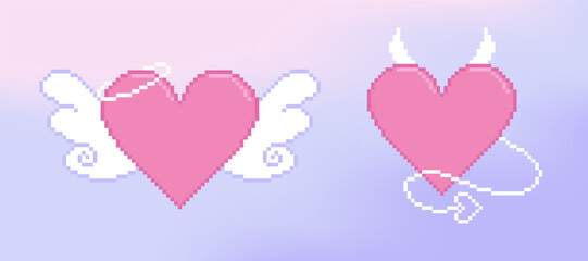 Trendy minimalist y2k style pink angel and demon pixel heart illustration set. 