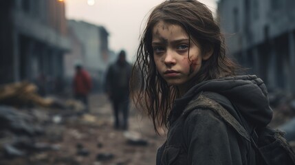 Fototapeta premium Girl stands strong in war-ravaged city 