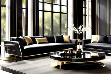 Contemporary luxury in a black-and-gold themed living room, with a high-gloss ebony coffee table and metallic accents echoing sophistication.

