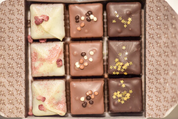 view in a box full of homemade delicious chocolate parlines