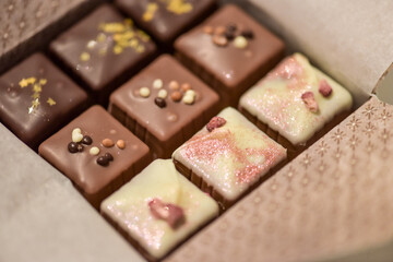 view in a box full of homemade delicious chocolate parlines