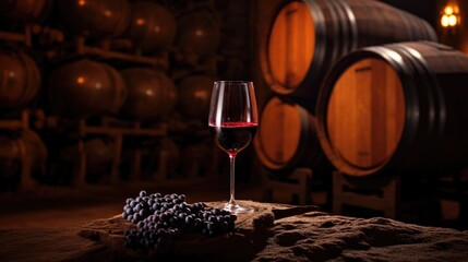 Glass of red wine and barrels in the wine cellar