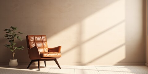 Contemporary interior adorned with leather armchair. Pleasant sunlight shadows on wall. Minimalist home design idea.