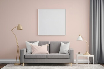 Poster frame mockup interior design in pink soft colors, gray sofa. AI generated.