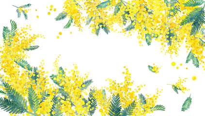 ミモザ水彩イラストの2隅装飾フレーム。春のイメージ背景。