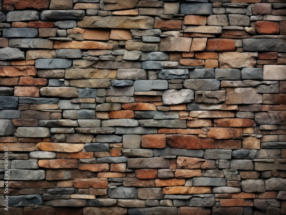 Canvas Prints  a close up of a brick wall made of various colors and sizes of rocks, with a black cat sitting on the side of the wall.