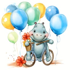 cute baby hippo Riding Cycle with balloon Watercolor Illustration