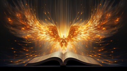The Bible, the book of the god of Christianity about the covenants of Jesus Christ, with a flame of fire and an angel, golden shades - obrazy, fototapety, plakaty